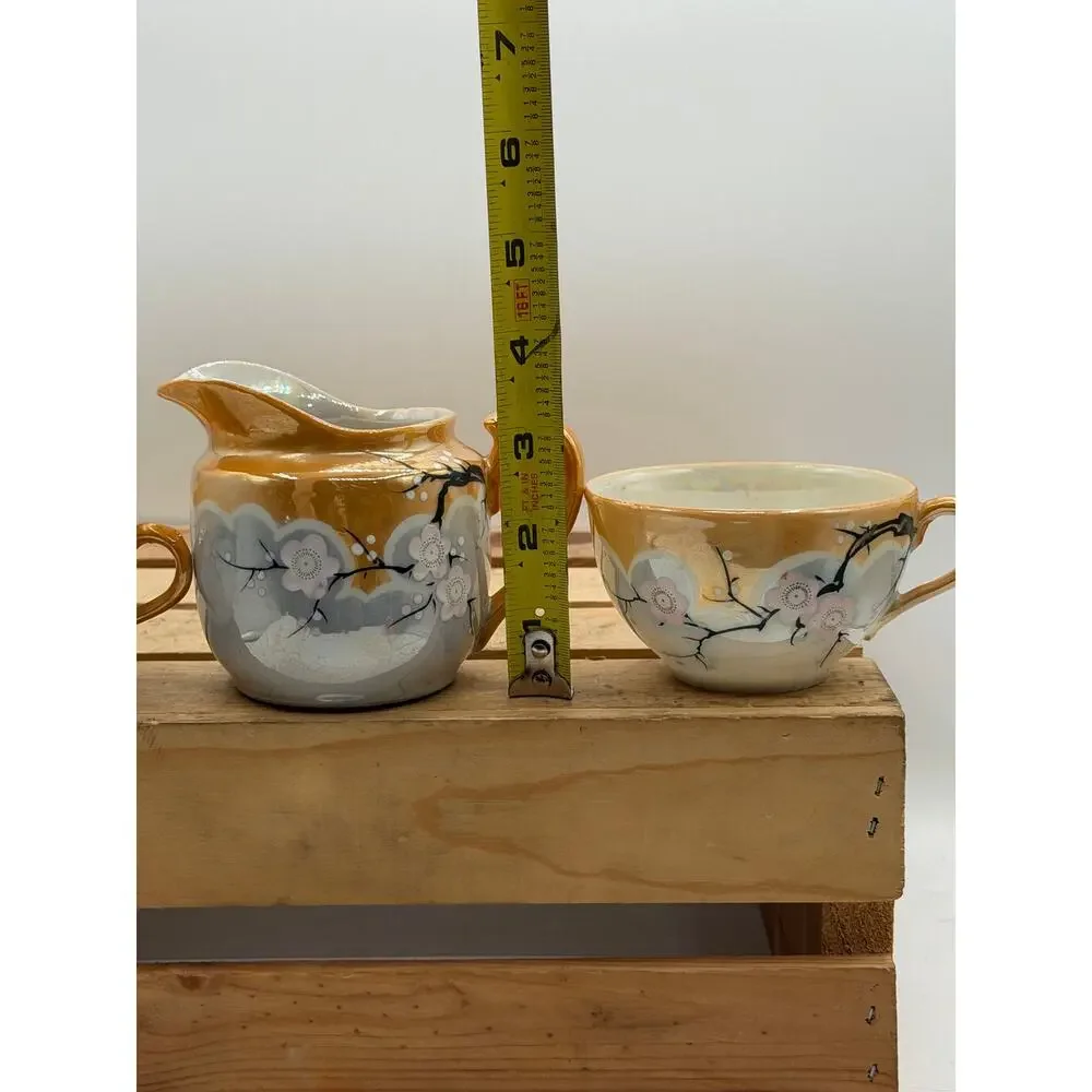 Vintage Hand-Painted Japanese Iridescent Tea Set - Pitcher and Two Cups